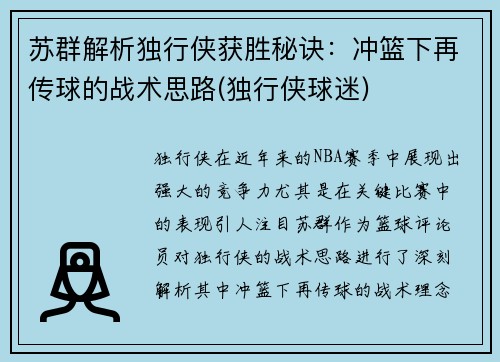 苏群解析独行侠获胜秘诀：冲篮下再传球的战术思路(独行侠球迷)