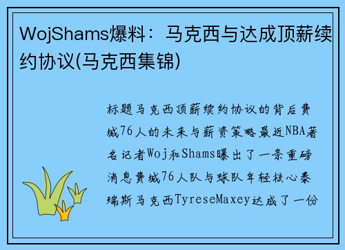 WojShams爆料：马克西与达成顶薪续约协议(马克西集锦)