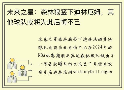 未来之星：森林狼签下迪林厄姆，其他球队或将为此后悔不已
