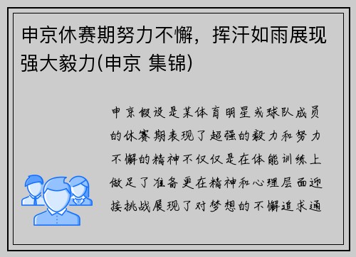 申京休赛期努力不懈，挥汗如雨展现强大毅力(申京 集锦)