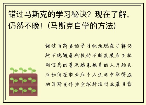 错过马斯克的学习秘诀？现在了解，仍然不晚！(马斯克自学的方法)