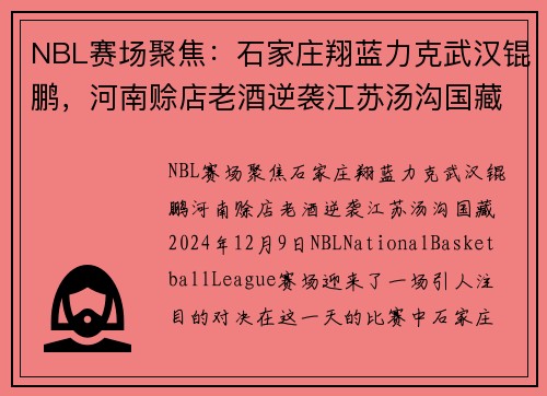 NBL赛场聚焦：石家庄翔蓝力克武汉锟鹏，河南赊店老酒逆袭江苏汤沟国藏