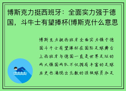 博斯克力挺西班牙：全面实力强于德国，斗牛士有望捧杯(博斯克什么意思)
