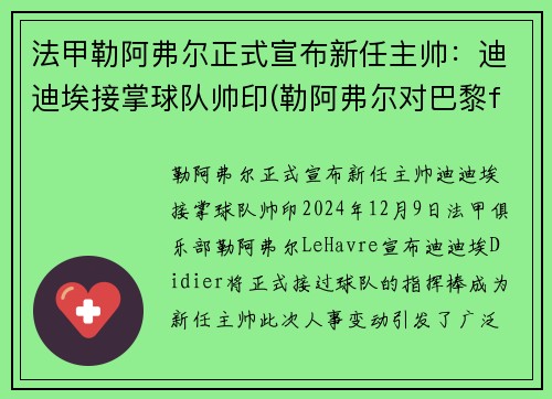法甲勒阿弗尔正式宣布新任主帅:迪迪埃接掌球队帅印(勒阿弗尔对巴黎fc比赛结果)